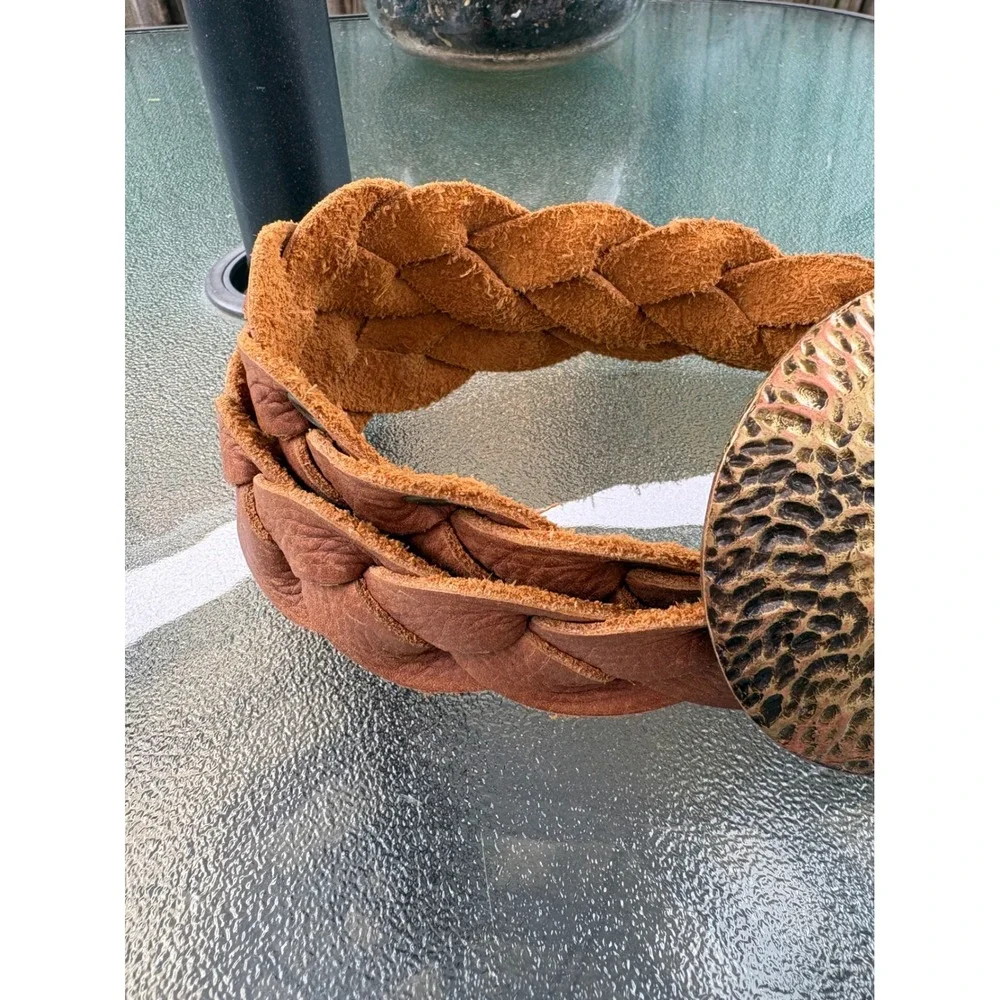 Braided Brown Leather Belt Oversized Hammered Gold‎ Buckle Boho Small